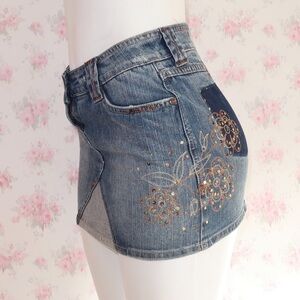 Vintage Mudd Denim Mini Skirt with Gold Sequins – Size 5